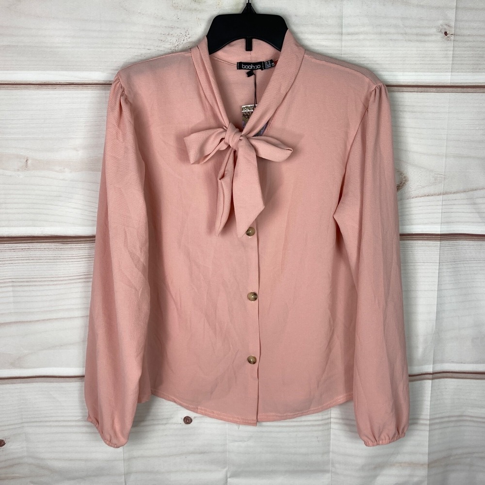 BooHoo Top Womens US 8 Pink Button Up Pussycat Bow Blouse Long Sleeve Textured
